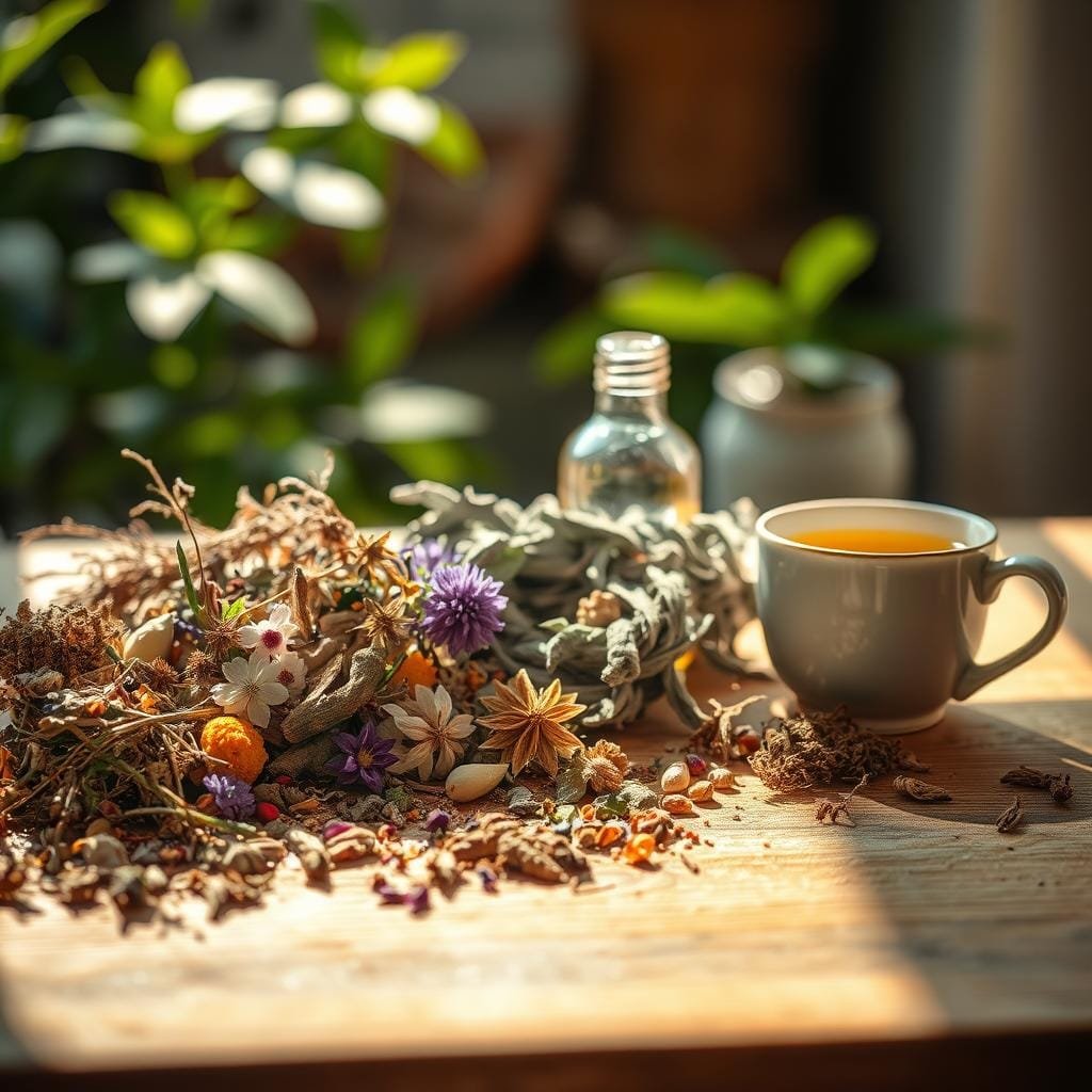 A beautifully lit still life scene of an array of natural herbal sleep remedies. In the foreground, an assortment of dried herbs, flowers, and plant extracts are arranged artfully on a wooden table, with soft shadows cast by the natural lighting. In the middle ground, a glass bottle of tincture, a bundle of sage, and a cup of herbal tea set the stage. The background is softly blurred, with hints of lush greenery and warm, earthy tones creating a calming, inviting atmosphere. The lighting is gentle, casting a soothing, golden glow over the scene, exuding a sense of tranquility and rest.