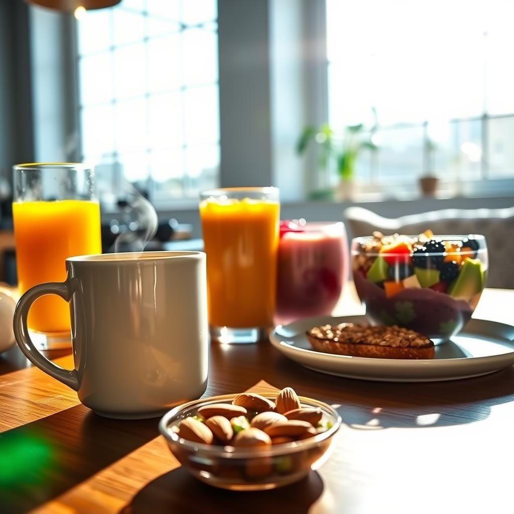 A bright and energetic morning scene with an array of stimulating beverages and healthy snacks laid out on a wooden table. In the foreground, a steaming mug of coffee, a tall glass of fresh-squeezed orange juice, and a smoothie bowl with colorful berries and granola. In the middle ground, a plate of avocado toast with a drizzle of honey, and a handful of raw almonds in a small bowl. The background features a large window allowing natural light to flood the space, illuminating the scene with a warm, glowing ambiance. The overall mood is one of vibrancy and vitality, capturing the essence of a revitalizing morning routine.