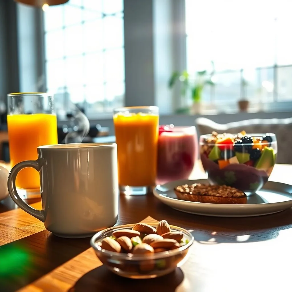 A bright and energetic morning scene with an array of stimulating beverages and healthy snacks laid out on a wooden table. In the foreground, a steaming mug of coffee, a tall glass of fresh-squeezed orange juice, and a smoothie bowl with colorful berries and granola. In the middle ground, a plate of avocado toast with a drizzle of honey, and a handful of raw almonds in a small bowl. The background features a large window allowing natural light to flood the space, illuminating the scene with a warm, glowing ambiance. The overall mood is one of vibrancy and vitality, capturing the essence of a revitalizing morning routine. A bright and energetic morning scene with an array of stimulating beverages and healthy snacks laid out on a wooden table. In the foreground, a steaming mug of coffee, a tall glass of fresh-squeezed orange juice, and a smoothie bowl with colorful berries and granola. In the middle ground, a plate of avocado toast with a drizzle of honey, and a handful of raw almonds in a small bowl. The background features a large window allowing natural light to flood the space, illuminating the scene with a warm, glowing ambiance. The overall mood is one of vibrancy and vitality, capturing the essence of a revitalizing morning routine.