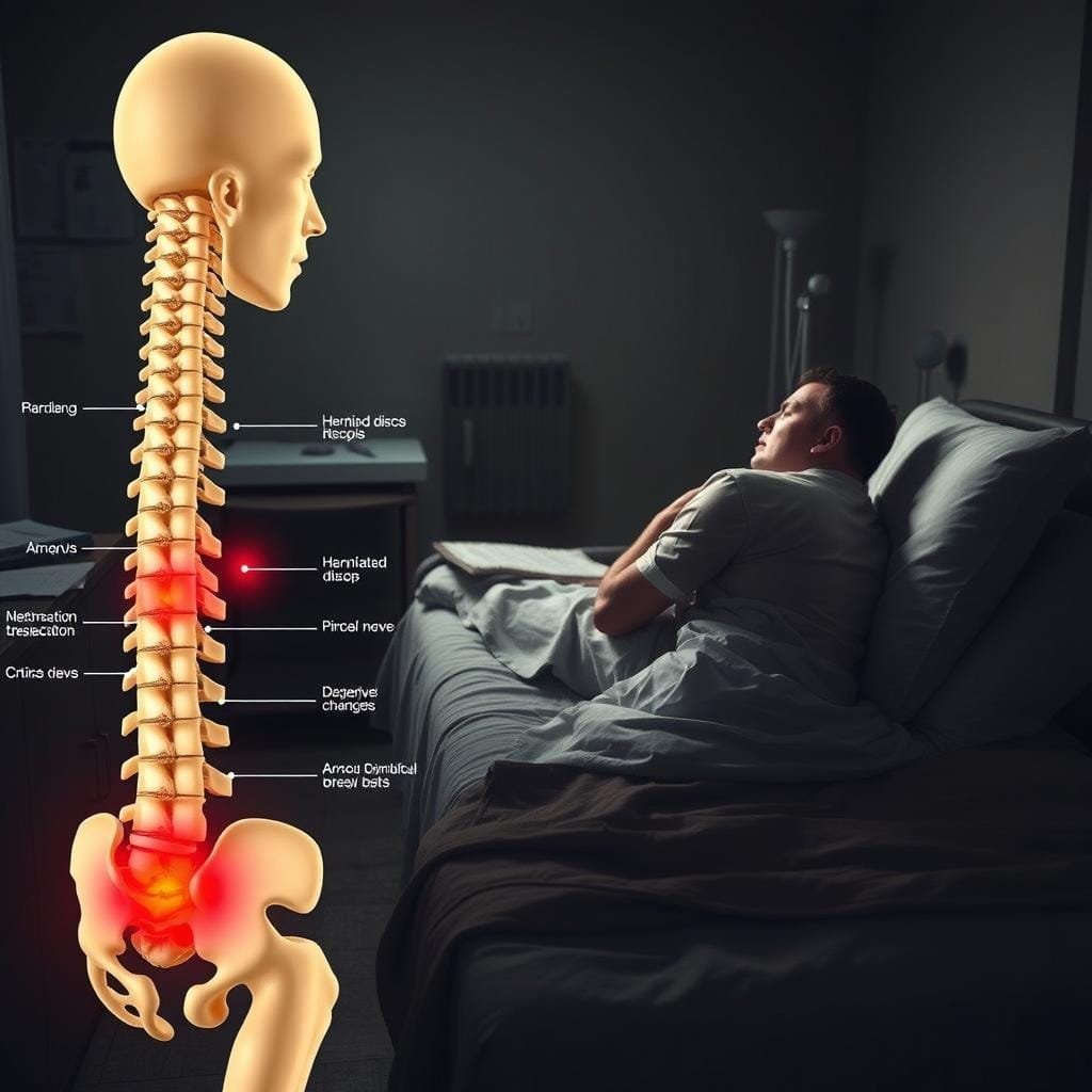 A clinical-looking scene depicting the key warning signs of serious back pain requiring immediate medical attention. In the foreground, an anatomical diagram of the spine highlights critical problem areas like herniated discs, pinched nerves, and degenerative changes. In the middle ground, a patient lies restlessly in bed, grimacing in pain. The room is dimly lit, with muted colors and long shadows conveying a sense of urgency. Subtle medical equipment and paperwork in the background suggest the need for professional evaluation and treatment. The overall mood is one of concern, emphasizing the importance of seeking prompt care for persistent or worsening back pain.