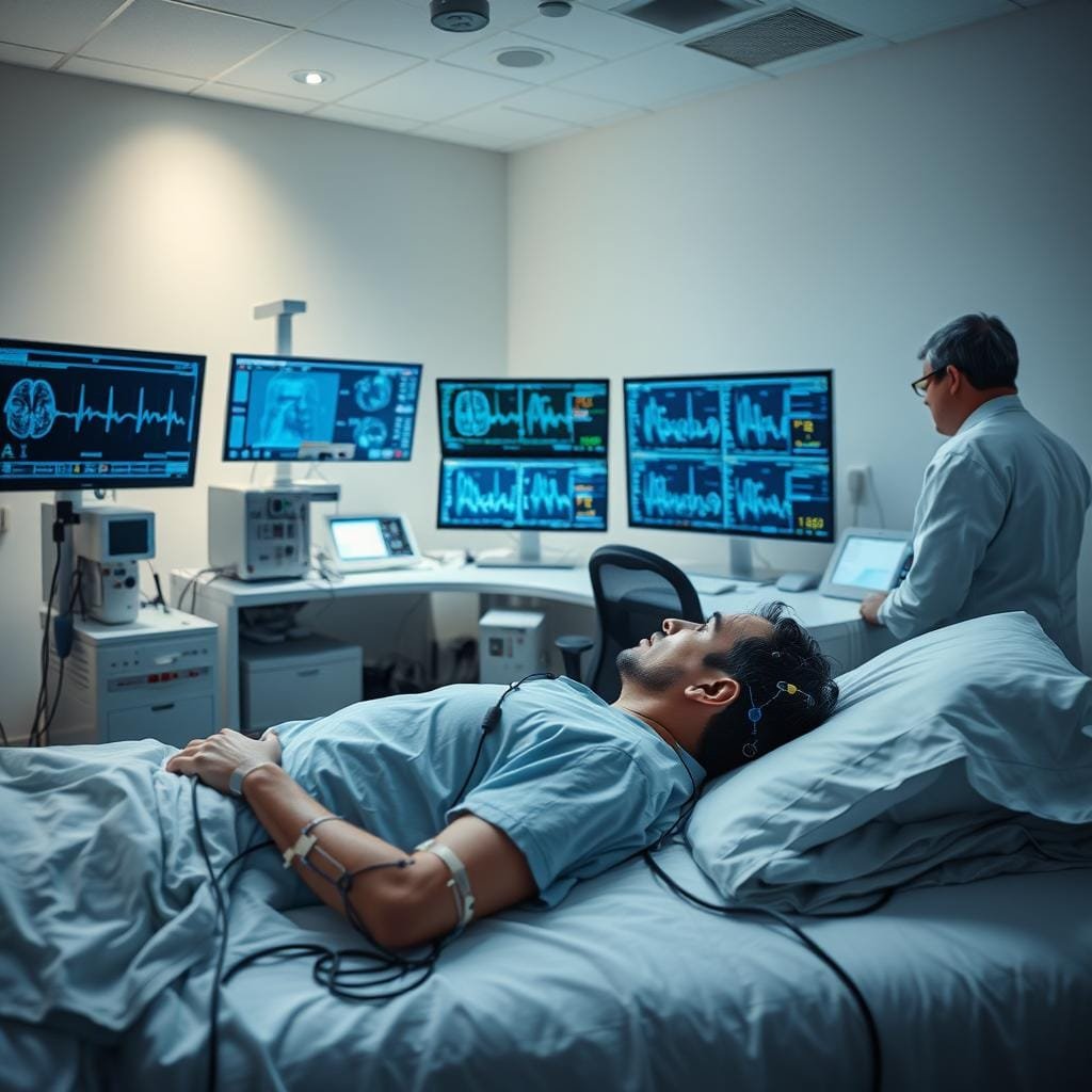 A clinical sleep study laboratory with state-of-the-art polysomnography equipment. In the foreground, a patient lies on a comfortable bed, wired up with sensors monitoring brain activity, eye movements, heart rate, and breathing patterns. Beside the bed, a technician closely observes the real-time data displayed on multiple high-resolution monitors. In the background, a well-equipped control room with advanced diagnostic software and an array of specialized medical devices. Soft, diffused lighting creates a soothing, clinical atmosphere, allowing the patient to relax and fall into a natural sleep. The scene conveys the precise, data-driven approach to diagnosing the root causes of sleep disorders.