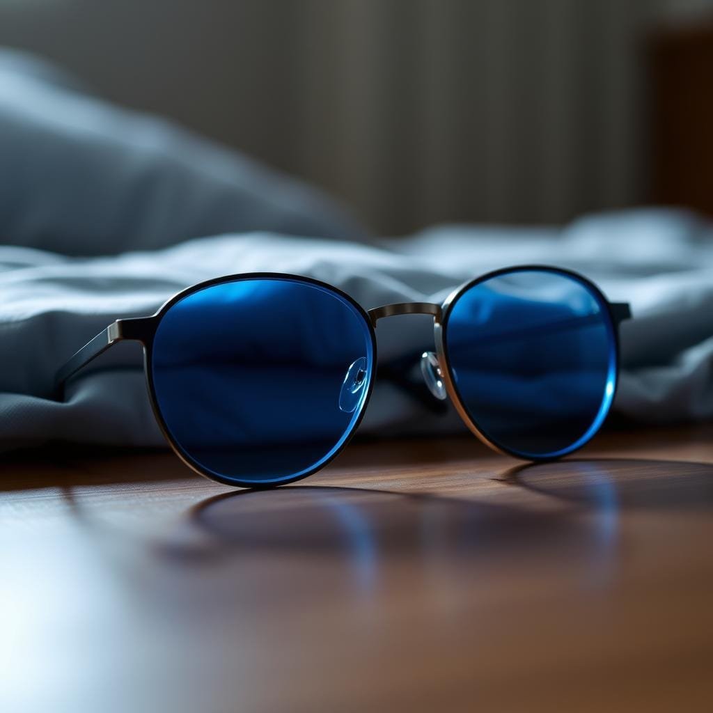 A close-up, evenly-lit, high-resolution photograph of a pair of rounded, dark blue-tinted glasses with a subtle metallic frame resting on a wooden surface. The glasses are positioned to cast a soft, diffused blue glow across the frame and the table below, creating a calming, serene atmosphere. The lighting is slightly angled to highlight the glasses' curvature and sheen, while the background is blurred to keep the focus on the subject. The overall scene conveys a sense of tranquility and the idea of using technology to promote better sleep.
