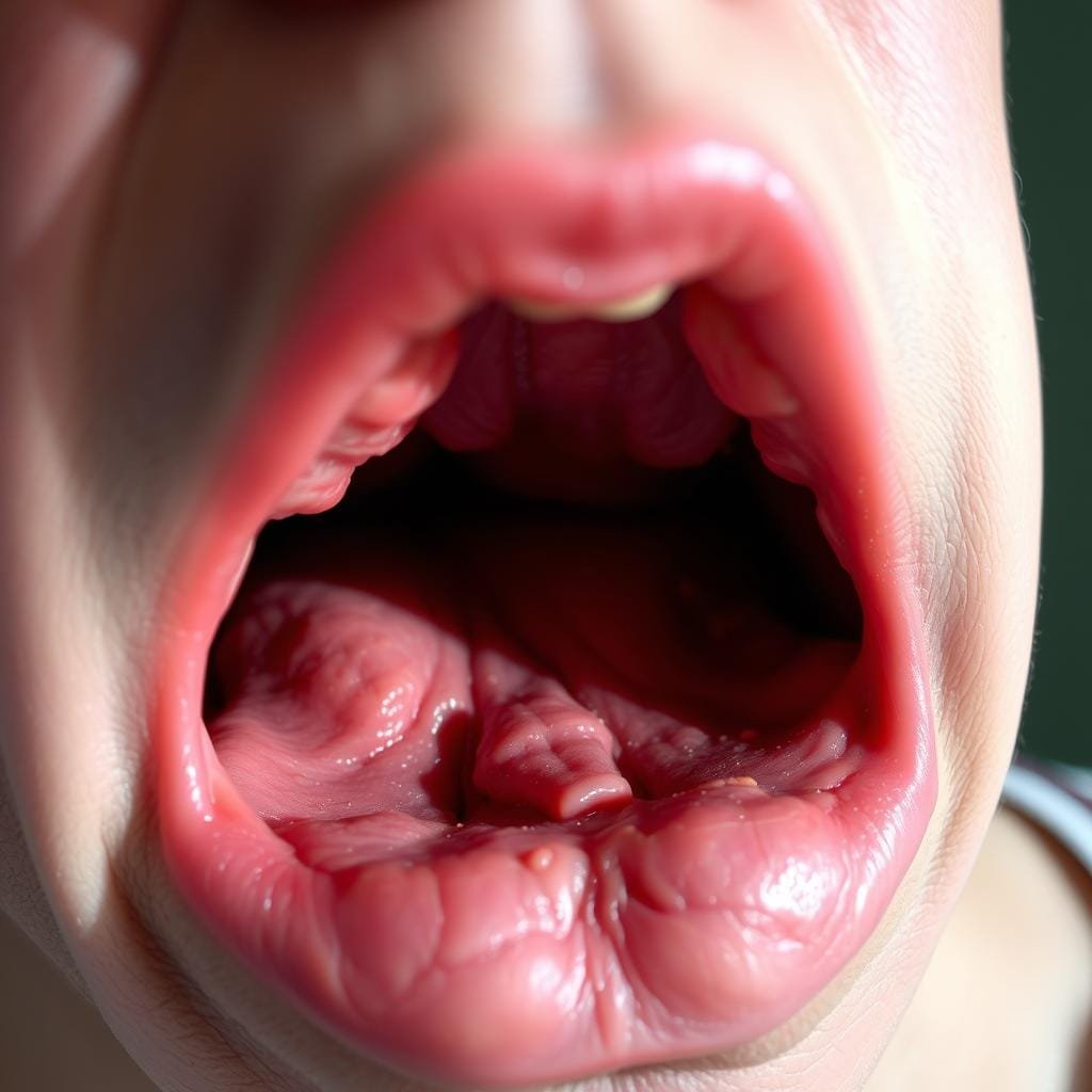 A close-up shot of a human throat, revealing the reddened, inflamed esophageal tissue characteristic of GERD (Gastroesophageal Reflux Disease). The lighting is soft and diffused, casting subtle shadows that accentuate the textural details of the irritated mucosa. The image is captured at a slight upward angle, giving a sense of intimacy and vulnerability. The background is blurred, keeping the viewer's focus solely on the afflicted throat, conveying the discomfort and dryness associated with this medical condition.