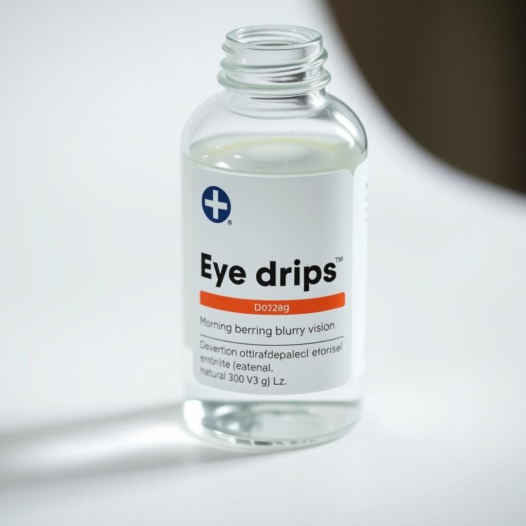 A close-up view of a transparent glass bottle filled with clear liquid, placed on a white background. The bottle has a label with the name of the eye drops, a medical symbol, and dosage instructions. The lighting is soft and diffused, creating a clean, clinical atmosphere. The bottle is captured at a slight angle, highlighting the simple, minimalist design. The composition emphasizes the eye drops as the central focus, conveying their role as a medical treatment for morning blurry vision.