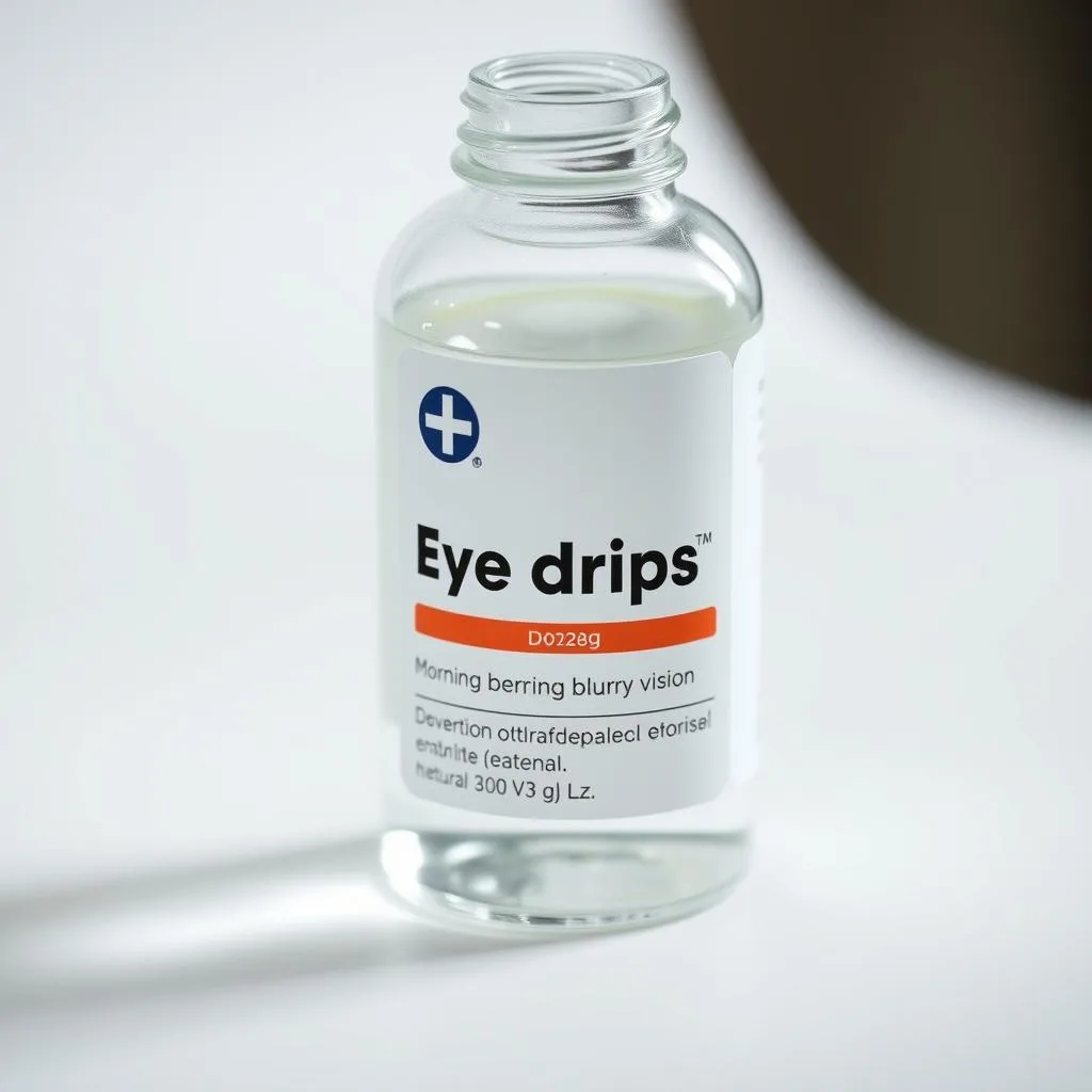 A close-up view of a transparent glass bottle filled with clear liquid, placed on a white background. The bottle has a label with the name of the eye drops, a medical symbol, and dosage instructions. The lighting is soft and diffused, creating a clean, clinical atmosphere. The bottle is captured at a slight angle, highlighting the simple, minimalist design. The composition emphasizes the eye drops as the central focus, conveying their role as a medical treatment for morning blurry vision. A close-up view of a transparent glass bottle filled with clear liquid, placed on a white background. The bottle has a label with the name of the eye drops, a medical symbol, and dosage instructions. The lighting is soft and diffused, creating a clean, clinical atmosphere. The bottle is captured at a slight angle, highlighting the simple, minimalist design. The composition emphasizes the eye drops as the central focus, conveying their role as a medical treatment for morning blurry vision.