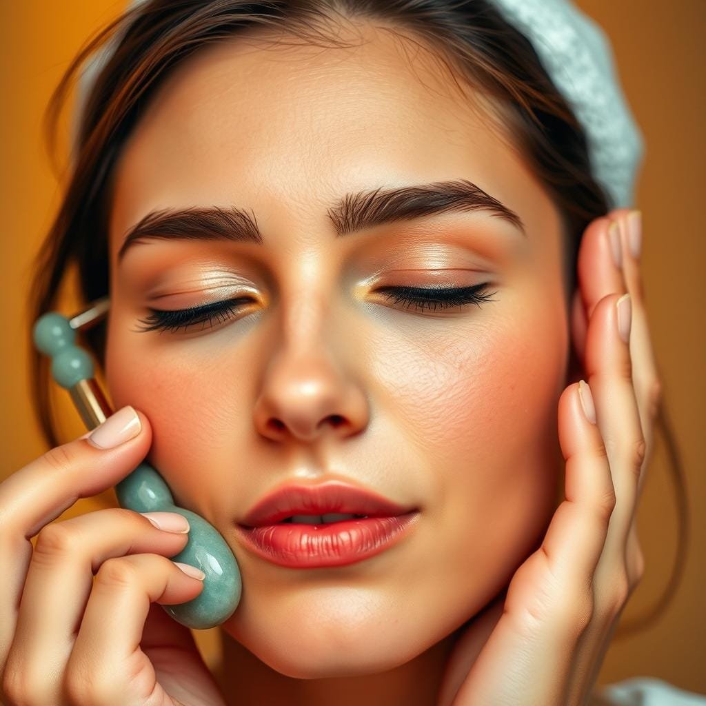 A close-up view of a woman's face, her eyes closed in tranquil concentration, as she gently applies a jade roller to her cheeks and under-eye area. The skin appears slightly puffy and flushed, and the woman's expression conveys a sense of relief and rejuvenation. The background is softly blurred, creating a calming, spa-like atmosphere. Warm, diffused lighting illuminates the scene, highlighting the delicate texture of the skin and the cool, soothing hue of the jade roller. The overall tone is serene and restorative, capturing the immediate effects of cold therapy for reducing facial puffiness.