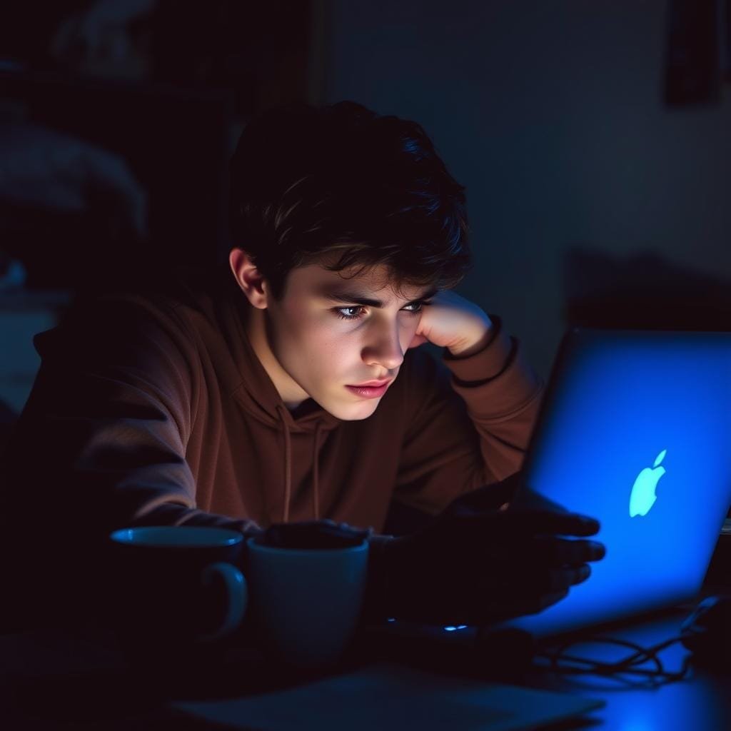 A college student sits hunched over a laptop, eyes strained and face illuminated by the blue glow of the screen. Their surroundings are dim, with a cluttered desk and discarded coffee cups hinting at long, sleepless nights. The lighting is low-key, creating dramatic shadows that accentuate the student's weary expression. The scene is captured from a slightly elevated angle, giving a sense of isolation and the overwhelming nature of technology-driven insomnia. The mood is one of exhaustion, stress, and the detachment that comes from being consumed by digital devices.