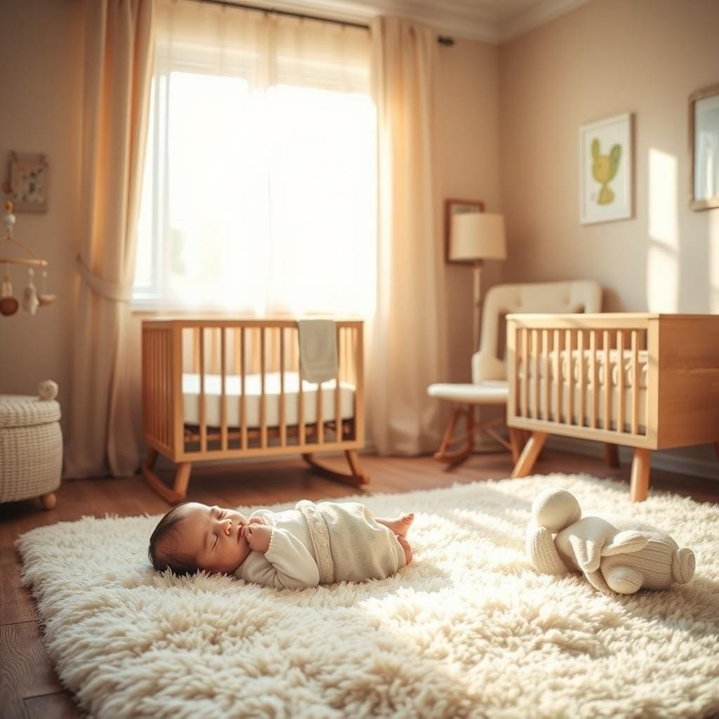 A cozy and soothing nursery scene with a peaceful 2-month-old baby napping on a soft, plush rug. The room is bathed in warm, golden light streaming through sheer curtains, creating a tranquil atmosphere. The baby is swaddled in a comfortable, organic cotton blanket, their face relaxed and serene. Nearby, a simple wooden crib with a gentle mobile, and a sturdy rocking chair for the caregiver. The walls are painted in soft pastel hues, accented by natural wood tones and minimal, calming decor. The overall mood is one of gentle rest and comforting care, reflecting the ideal nap schedule for a 2-month-old baby.