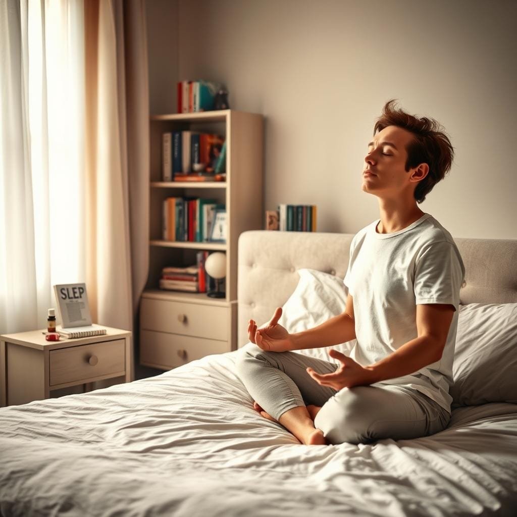 A cozy bedroom scene with a person practicing cognitive-behavioral sleep therapy techniques. In the foreground, they are sitting cross-legged on a plush bed, eyes closed and hands resting on their lap, engrossed in a meditation exercise. Soft, muted lighting filters through sheer curtains, creating a calming ambiance. In the middle ground, a nightstand holds a sleep journal and soothing essential oils. The background features bookshelves filled with self-help resources on managing ADHD and improving sleep quality. An overall serene, therapeutic atmosphere permeates the scene, conveying strategies for addressing ADHD-related insomnia.