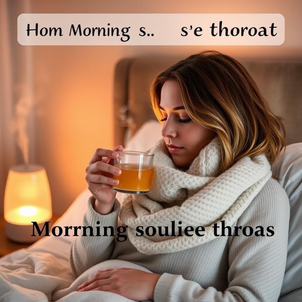 A cozy bedroom scene with soft, warm lighting illuminating a person gently sipping a hot beverage, possibly tea or honey-lemon water, while resting their throat with a soft, plush scarf wrapped around their neck. In the background, a humidifier emits a gentle mist, creating a soothing, tranquil atmosphere. The overall mood is one of relaxation and self-care, with the focus on simple, effective remedies to alleviate the discomfort of a morning sore throat.