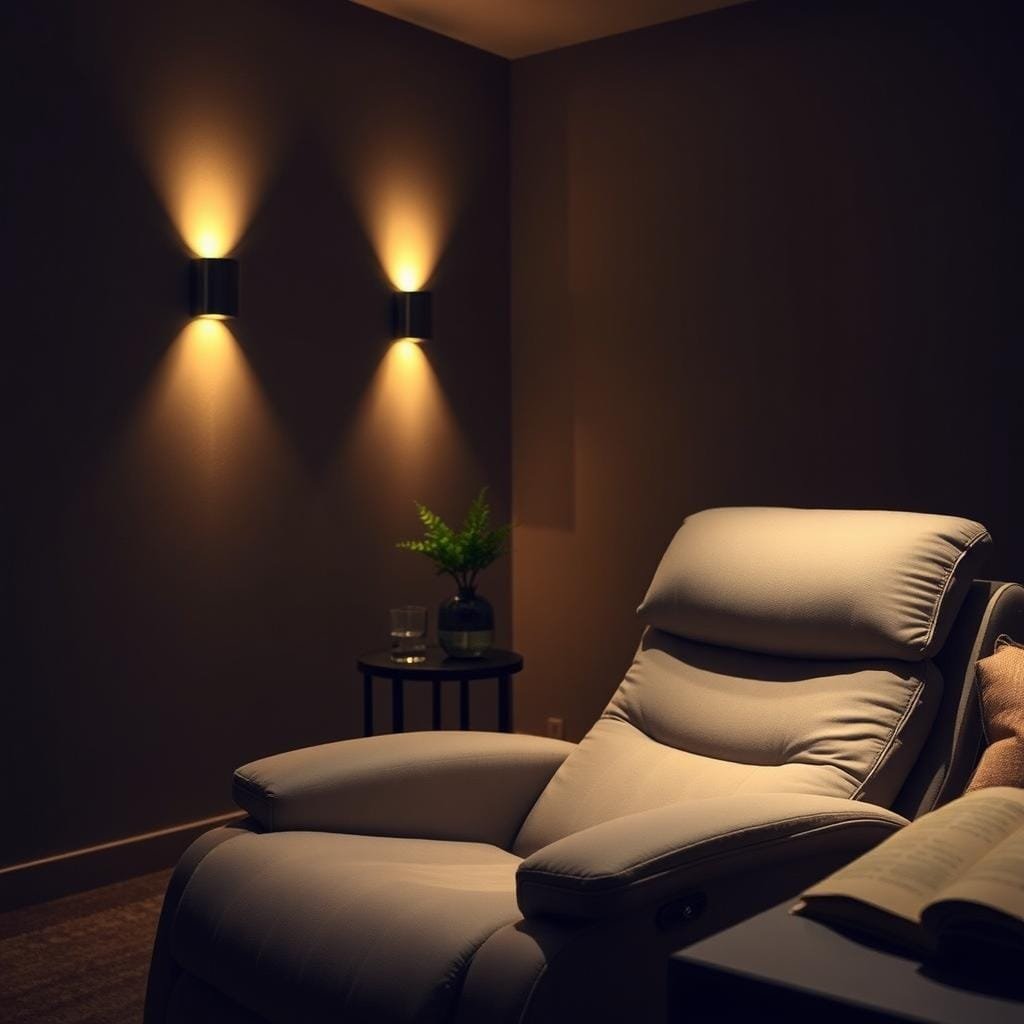 A cozy, dim-lit room with plush, comfortable furniture perfect for strategic power napping. In the foreground, a high-quality ergonomic recliner with soft upholstery invites the viewer to sink in and unwind. Indirect lighting fixtures on the walls cast a warm, soothing glow, creating an atmosphere conducive to rest and rejuvenation. The middle ground features a small side table with a tranquil houseplant and a glass of water, essentials for a revitalizing nap. In the background, muted earth-toned walls and minimal decor elements establish a calming, distraction-free environment. Subtle ambient nature sounds, such as soft rain or gentle wind, play in the background, further enhancing the peaceful, restorative ambiance.