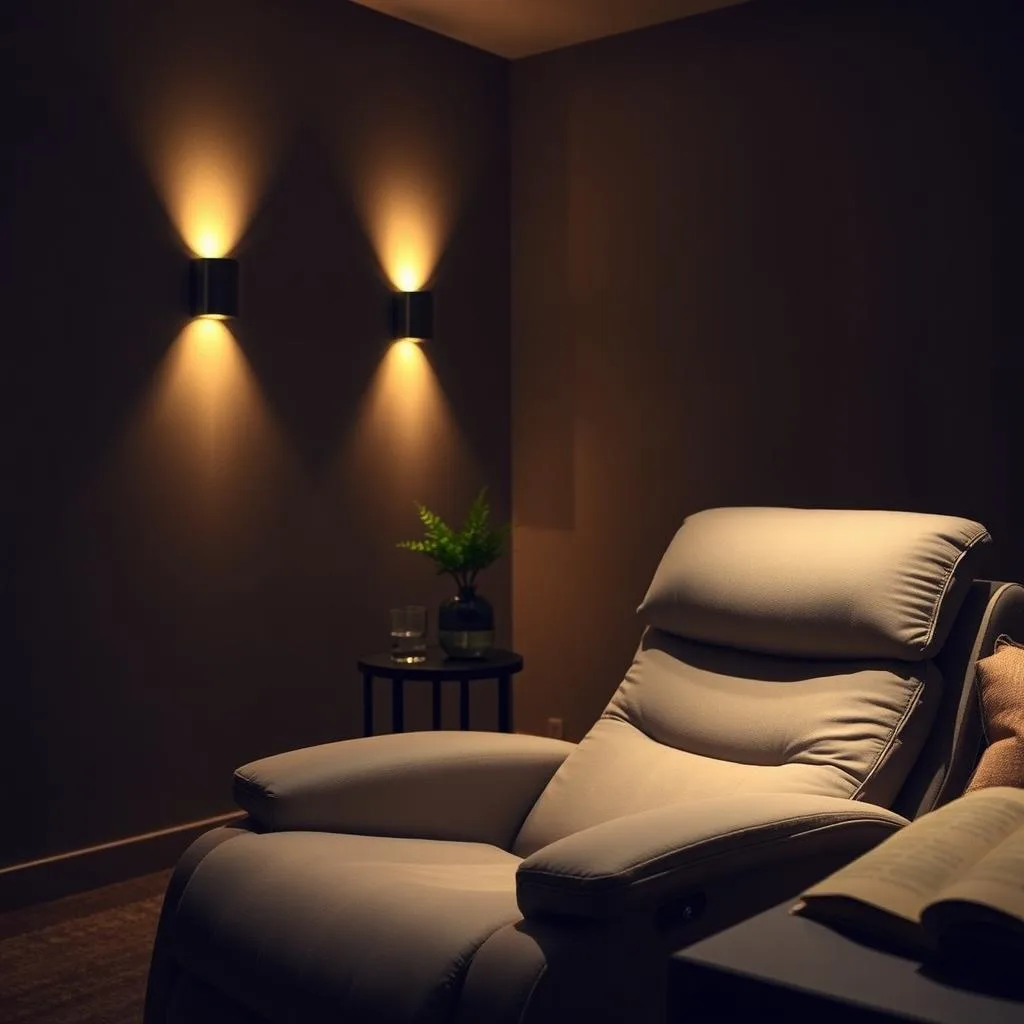 A cozy, dim-lit room with plush, comfortable furniture perfect for strategic power napping. In the foreground, a high-quality ergonomic recliner with soft upholstery invites the viewer to sink in and unwind. Indirect lighting fixtures on the walls cast a warm, soothing glow, creating an atmosphere conducive to rest and rejuvenation. The middle ground features a small side table with a tranquil houseplant and a glass of water, essentials for a revitalizing nap. In the background, muted earth-toned walls and minimal decor elements establish a calming, distraction-free environment. Subtle ambient nature sounds, such as soft rain or gentle wind, play in the background, further enhancing the peaceful, restorative ambiance. A cozy, dim-lit room with plush, comfortable furniture perfect for strategic power napping. In the foreground, a high-quality ergonomic recliner with soft upholstery invites the viewer to sink in and unwind. Indirect lighting fixtures on the walls cast a warm, soothing glow, creating an atmosphere conducive to rest and rejuvenation. The middle ground features a small side table with a tranquil houseplant and a glass of water, essentials for a revitalizing nap. In the background, muted earth-toned walls and minimal decor elements establish a calming, distraction-free environment. Subtle ambient nature sounds, such as soft rain or gentle wind, play in the background, further enhancing the peaceful, restorative ambiance.