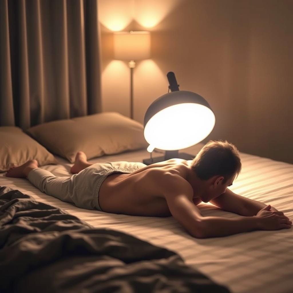 A cozy, dimly lit bedroom setting with a person lying on their stomach on a plush mattress. The room is illuminated by a soft, warm glow from a heat lamp positioned near the person's lower back, casting a gentle, soothing light. The lamp's design features a metallic reflector that helps focus the heat therapy. Soft, plush bedding in muted tones of beige and gray create a calming, relaxing atmosphere. The person's face is not visible, but their body language suggests a sense of relief and comfort as they receive the heat therapy to alleviate their lower back pain.