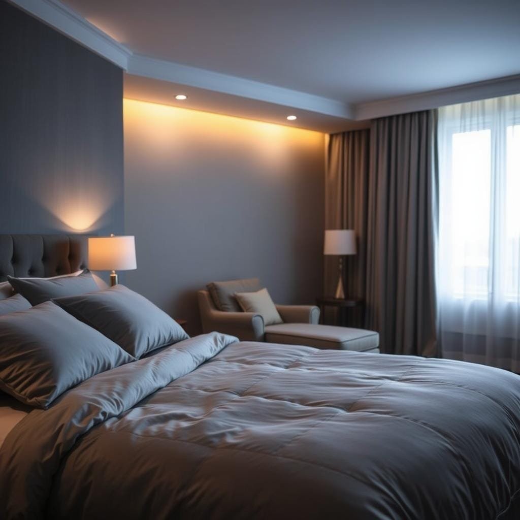 A cozy, dimly lit bedroom with soft, warm lighting. In the foreground, a comfortable queen-sized bed with high-quality bedding in calming tones of gray, blue, or beige. Plush pillows and a thick, fluffy comforter invite restful sleep. In the middle ground, an overstuffed armchair or chaise lounge, perfect for winding down with a good book. The background features a large window with sheer curtains, allowing a gentle, diffused light to fill the space. The atmosphere is serene, relaxing, and conducive to optimal sleep for a woman experiencing perimenopause.