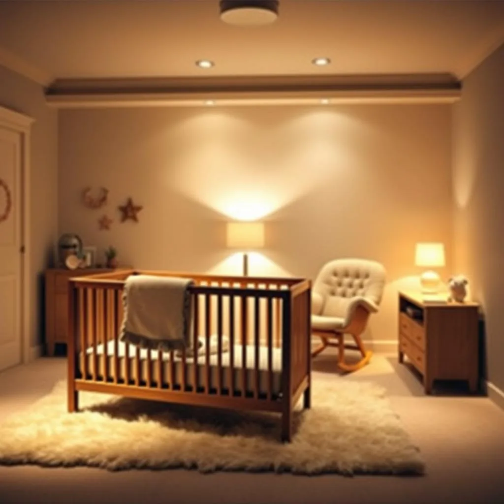 A cozy, dimly lit nursery with warm, soft lighting illuminating a tranquil toddler's sleep environment. A wooden crib with plush bedding stands in the foreground, accompanied by a fluffy white rug and a plush rocking chair in the middle ground. The background features a neutral-toned accent wall with minimal decor, creating a calming atmosphere. Indirect lighting from a tabletop lamp and recessed ceiling fixtures provide a gentle, even glow, ensuring an optimal temperature and lighting for a peaceful slumber. A cozy, dimly lit nursery with warm, soft lighting illuminating a tranquil toddler's sleep environment. A wooden crib with plush bedding stands in the foreground, accompanied by a fluffy white rug and a plush rocking chair in the middle ground. The background features a neutral-toned accent wall with minimal decor, creating a calming atmosphere. Indirect lighting from a tabletop lamp and recessed ceiling fixtures provide a gentle, even glow, ensuring an optimal temperature and lighting for a peaceful slumber.