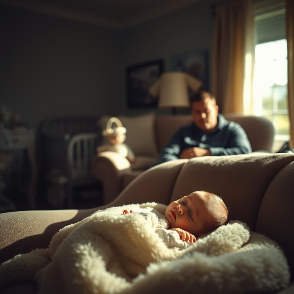 A cozy, dimly lit nursery. In the foreground, a baby lies sound asleep in a plush, oversized armchair, their tiny face peeking out from a soft, fuzzy blanket. Sunlight filters in through a nearby window, casting a warm glow on the scene. In the middle ground, a parent or caregiver sits nearby, brow furrowed with concern, watching over the sleeping infant. The background is softly blurred, hinting at the challenges of getting a two-month-old to nap, with hints of a restless mobile or a stuffed animal peeking out from the edges of the frame. The mood is serene yet contemplative, capturing the beauty and difficulty of this precious yet fleeting moment.