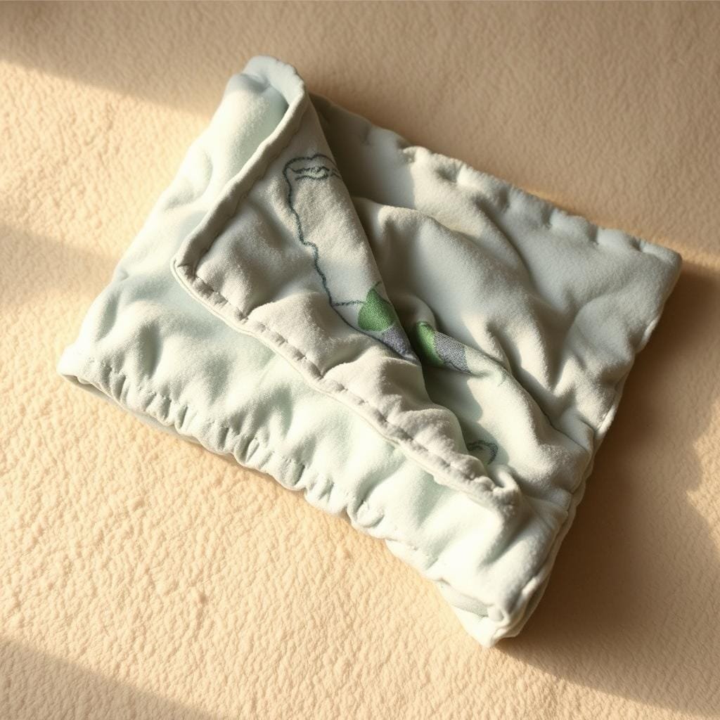 A cozy, handmade child's comfort blanket rests on a soft, textured surface. The blanket is made of plush, high-quality fabric in a muted, soothing color palette, such as pale blues, greens, or grays. It has a slightly worn, well-loved appearance, with delicate stitching and a faint floral or abstract pattern. The blanket is folded neatly, with one corner gently turned up, inviting touch and exploration. Warm, diffused lighting bathes the scene, creating a calming, comforting atmosphere. The overall composition conveys a sense of security, familiarity, and emotional support, perfect for a child experiencing separation anxiety.