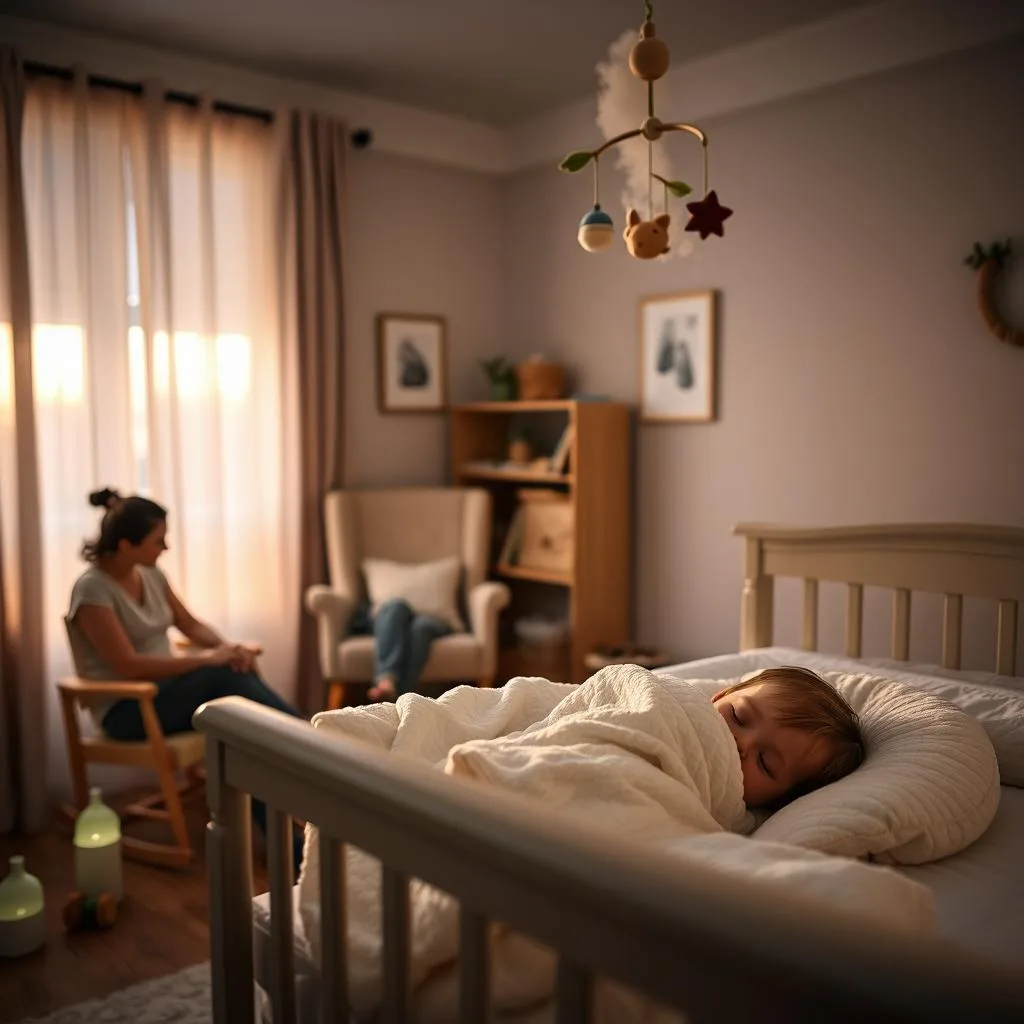 A cozy nursery at dusk, soft golden light filtering through sheer curtains. In the foreground, a serene toddler sleeping peacefully in a crib, their tiny features relaxed, tucked in under a plush, organic cotton blanket. Nearby, a gentle parent sits in a rocking chair, watching over the child with a tender, attentive gaze. The room is tastefully decorated with soothing pastel hues, a nature-inspired mobile gently swaying above the crib. An essential oil diffuser fills the air with calming aromas. The atmosphere radiates tranquility, promoting healthy, restorative sleep for the growing child.