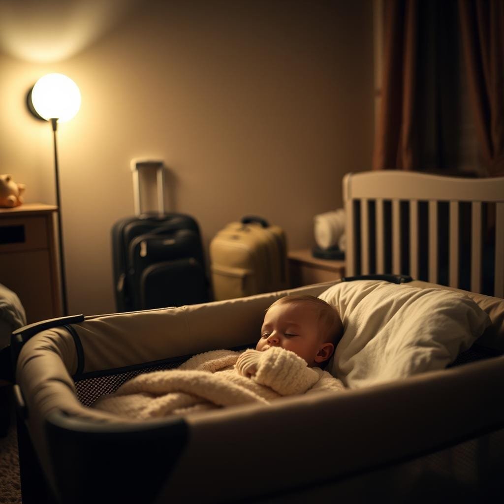 A cozy nursery scene, dimly lit by a soft glow from a nightlight. In the foreground, a toddler sleeps peacefully in a travel crib, a plush blanket tucked around them. The middle ground features a carry-on suitcase and a small backpack, hinting at the journey that brought them here. In the background, the room is filled with soothing earth tones, creating a calming atmosphere. The angles and composition give a sense of intimacy, as if the viewer is a silent observer in this tranquil moment of a toddler's sleep routine, despite the disruption of travel.