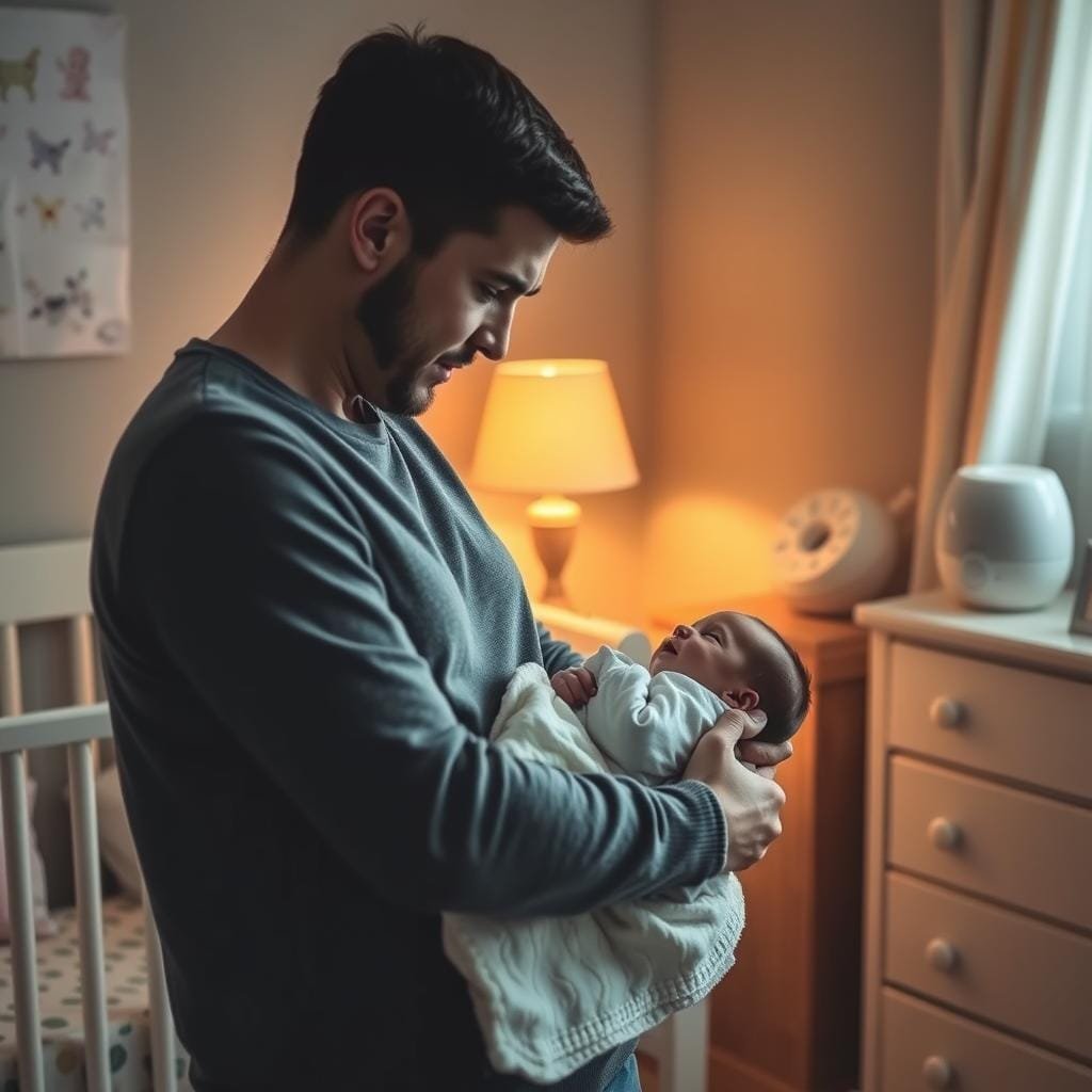 A cozy nursery scene with a concerned parent gently rocking a newborn swaddled in a soft blanket, while carefully monitoring the child's reactions. Warm lighting emanates from a nearby table lamp, casting a soothing glow across the room. In the background, a soothing white noise machine sits on a dresser, helping to calm the fussing infant who struggles with colic and reflux. The parent's expression is one of gentle patience and care, as they tenderly attend to the newborn's needs. The overall atmosphere conveys a sense of quiet struggle but also the steadfast love and dedication of a new parent navigating these common early challenges.