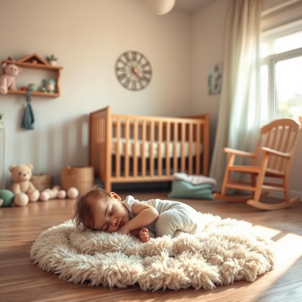 A cozy nursery with pastel-colored walls and plush toys scattered around. In the foreground, a toddler curled up on a small, fluffy rug, taking a peaceful afternoon nap. Soft natural lighting filters in through the window, casting a warm glow on the scene. Behind the sleeping child, a wooden crib and a rocking chair stand at the ready for the next sleep transition. The overall atmosphere is serene and comforting, reflecting the gentle rhythms of a toddler's nap schedule.