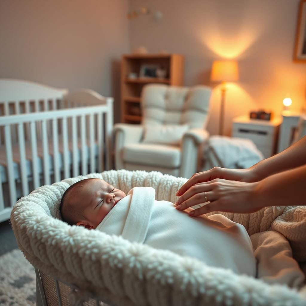 A cozy nursery with soft lighting, a gentle bedtime routine unfolds. In the foreground, a newborn nestled in a plush bassinet, swaddled in a warm blanket. The parent's hands tenderly caress the baby, soothing them with gentle rocking. In the middle ground, a rocking chair waits, inviting the parent to settle in for a lullaby. The background reveals a tranquil scene - a mobile gently spins above, casting a soothing glow, while a nightlight casts a warm amber hue across the room. The atmosphere is one of peaceful intimacy, capturing the tender bond between parent and child as they begin their nighttime ritual.