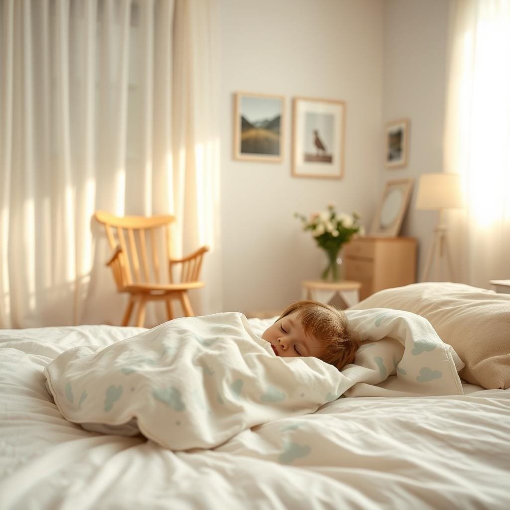 A cozy, pastel-toned bedroom on a weekend morning. In the foreground, a toddler nestled in a soft, organic cotton sheet, sleeping peacefully under a plush blanket adorned with whimsical cloud patterns. Diffused, warm lighting filters through the sheer curtains, creating a serene, hazy atmosphere. The middle ground features a wooden rocking chair and a minimal, Scandinavian-inspired nightstand with a vase of fresh flowers. In the background, a gallery wall displays framed nature photographs, complementing the earthy, soothing color palette. The composition captures the tranquility and comfort of a toddler's weekend sleep schedule.