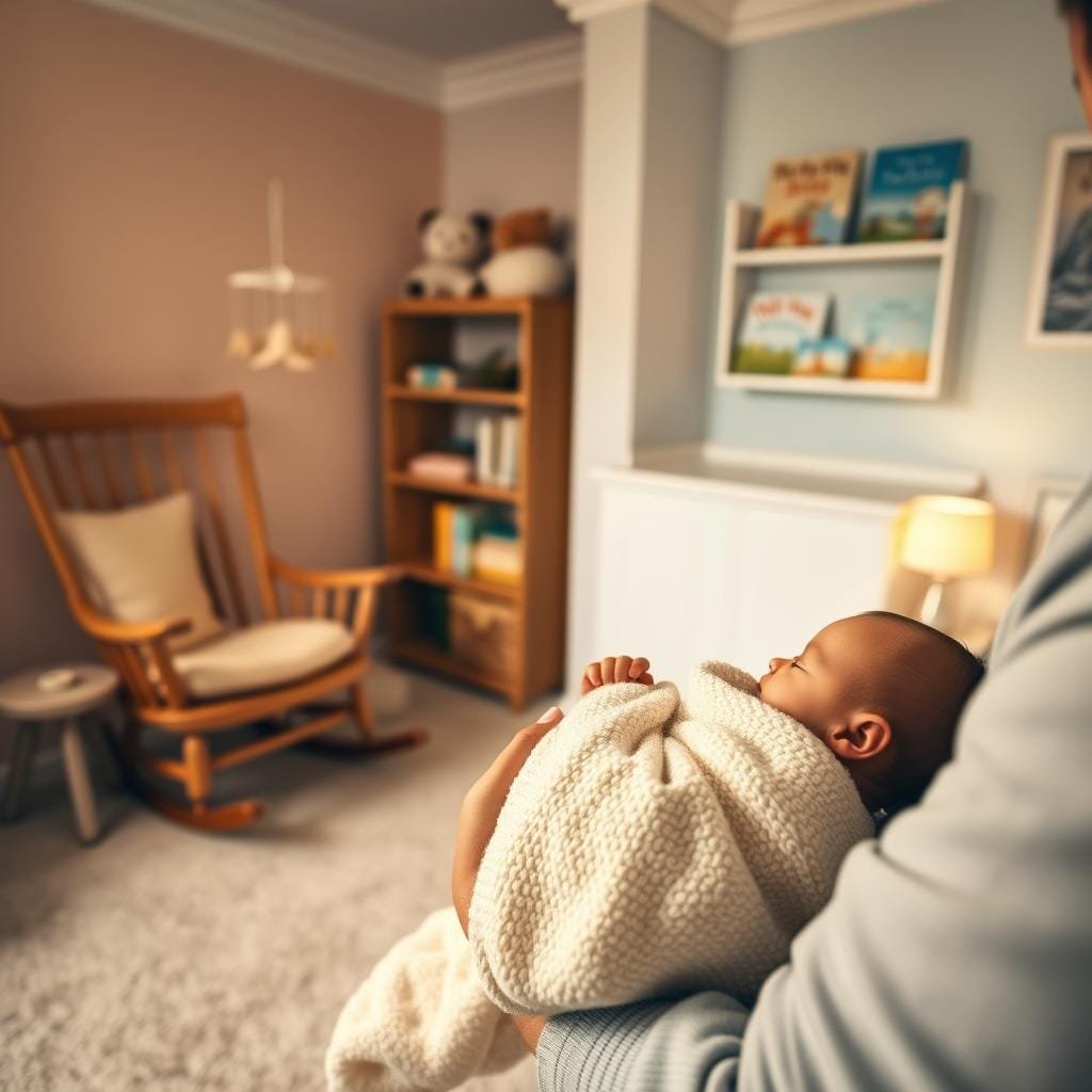 A cozy, serene nursery with a soft, warm glow. In the foreground, a newborn baby is being gently rocked in a parent's arms, wrapped in a plush blanket. The parent's face is obscured, but their loving embrace is clearly visible. In the middle ground, a wooden rocking chair and a small table with a flickering candle set the tranquil mood. The background features pastel-colored walls, a mobile with delicate, dancing shapes, and a bookshelf filled with children's storybooks. The overall scene conveys a sense of comfort, security, and the peaceful ritual of a newborn's bedtime routine.