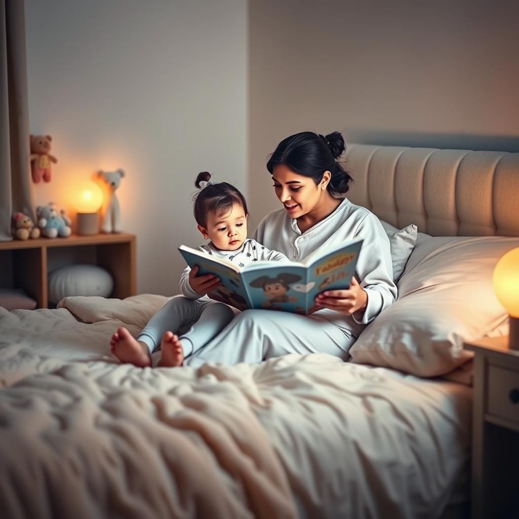 A cozy, softly lit bedroom with a parent and child settling in for a bedtime story. The parent, dressed in comfortable sleepwear, is seated on the edge of a plush, inviting bed, holding an open storybook. The toddler, in matching pajamas, snuggles close, eyes fixed on the pages, as the parent's gentle voice reads aloud. Warm hues cast a soothing glow, while subtle hints of stuffed animals and lullaby-themed decor create an atmosphere of tranquility and security, perfectly capturing the cherished ritual of a toddler's nighttime routine.