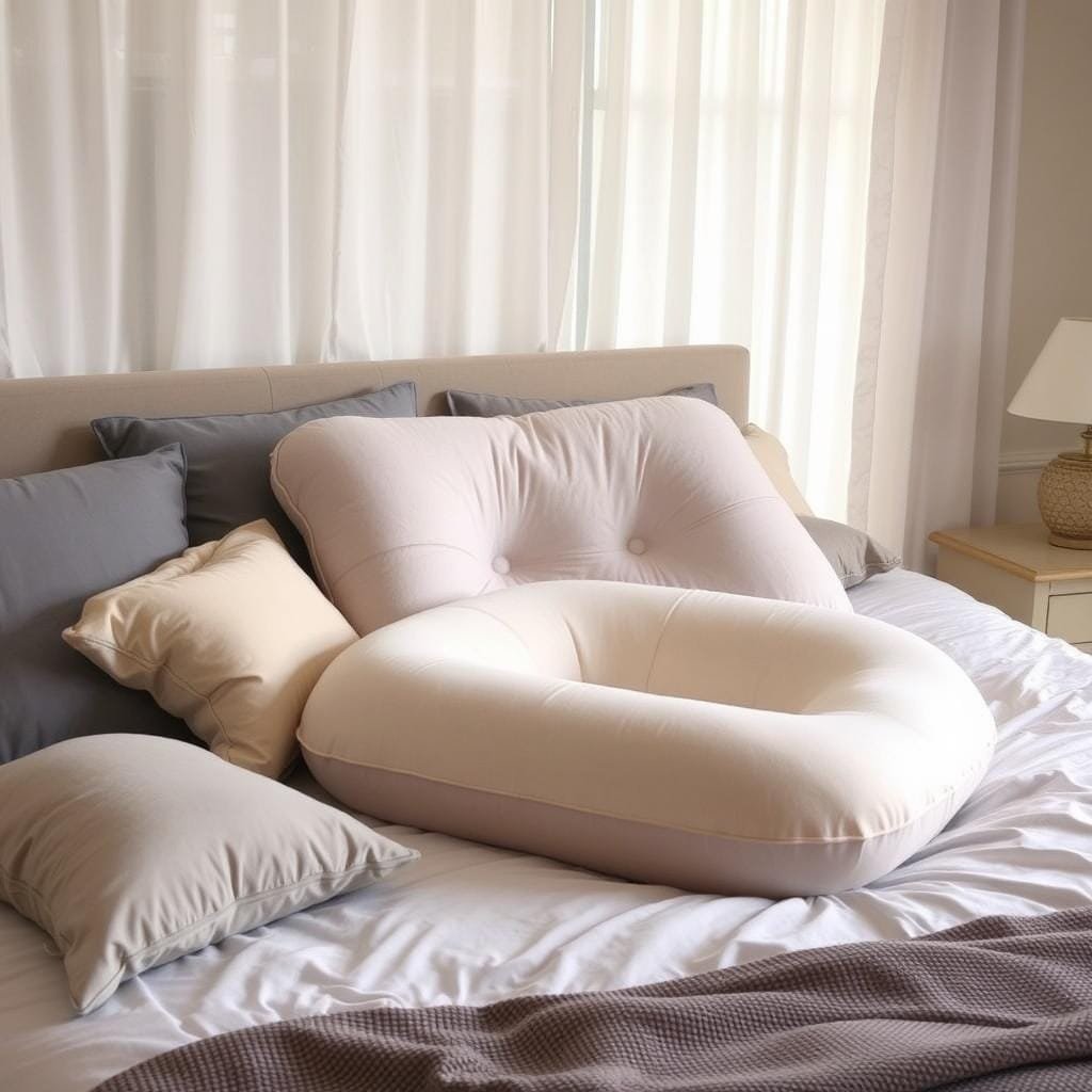 A cozy, well-lit bedroom scene featuring a bed adorned with a variety of comfortable pregnancy pillows. In the foreground, several plush, contoured pillows in soothing tones of gray, beige, and blue are arranged to support the expecting mother's body. The middle ground showcases a large, C-shaped pregnancy pillow designed to cradle the expectant woman's shape, providing gentle, customized support for her back, belly, and legs. In the background, a soft, diffused light filters through sheer curtains, creating a serene and calming atmosphere. The overall composition emphasizes the importance of restful, restorative sleep during pregnancy, with the pillows and supports taking center stage as essential tools for achieving that comfort.