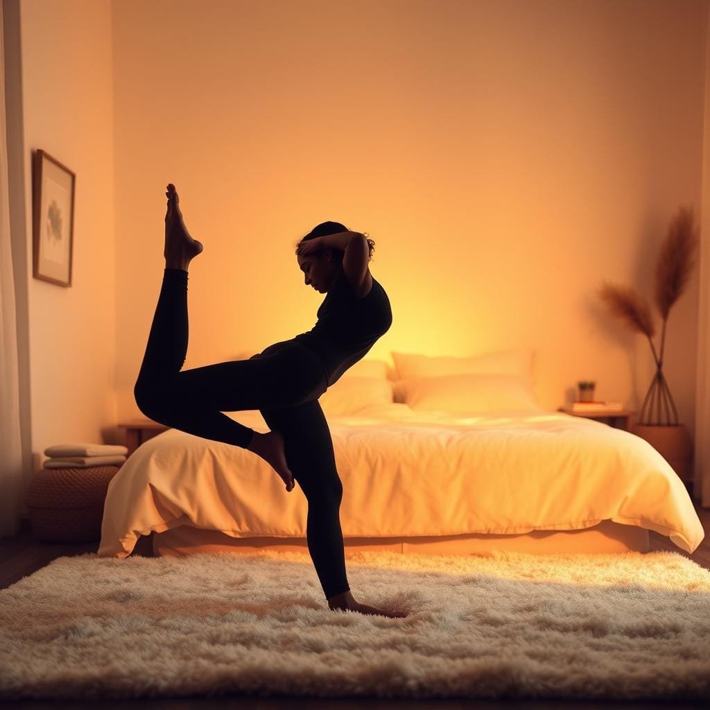A cozy, well-lit bedroom setting with a person performing gentle, restorative stretches on a plush rug to alleviate back pain. The figure is centered, silhouetted against a warm, softly glowing wall, with a neatly made bed and soothing, natural-toned decor in the background. Soft, diffused lighting casts a peaceful, calming atmosphere, and the overall composition emphasizes relaxation and mindfulness. The person's posture and facial expression convey a sense of tranquility and focus as they move through a series of carefully curated back-relieving stretches.