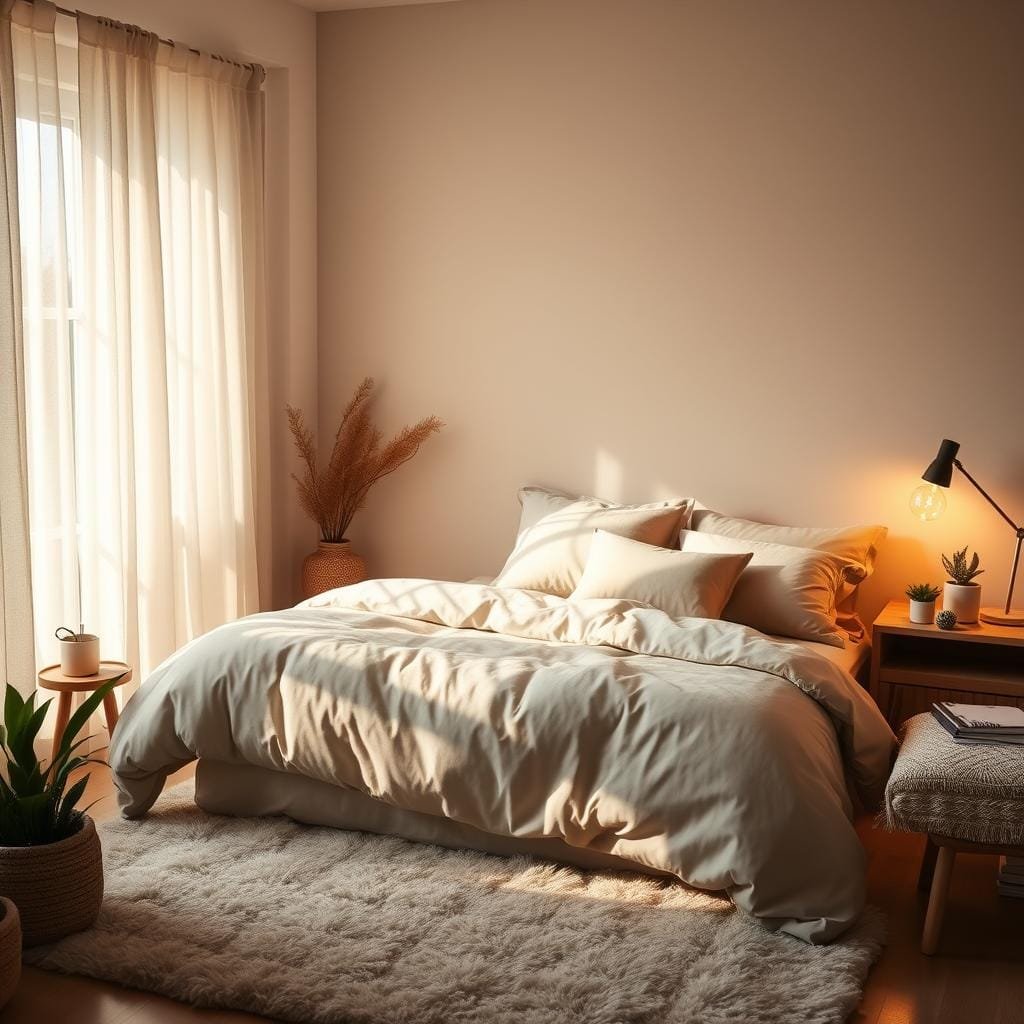 A cozy, well-lit bedroom with natural light filtering through sheer curtains, illuminating a plush, inviting bed with high-quality bedding in calming earth tones. Soft ambient lighting from a minimalist bedside lamp casts a warm glow, creating a soothing atmosphere. The room is uncluttered, with clean lines and a serene, harmonious color palette. A luxurious rug adds tactile comfort, while potted plants and natural wood accents bring the outdoors in, cultivating a peaceful, rejuvenating environment that promotes restful sleep and energizing mornings.
