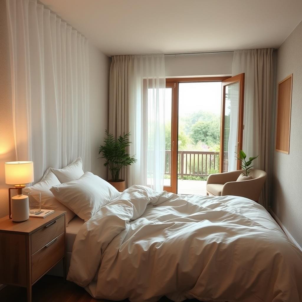 A cozy, well-lit bedroom with soft, natural lighting filtering through sheer curtains. Plush, cloud-like bedding in soothing neutral tones invites deep, restful slumber. A minimalist nightstand holds a soft reading lamp and a glass of water. In the corner, a peaceful meditation nook with a comfortable armchair and a small potted plant. Warm wooden floors and textured accent walls create a calming ambiance. An open window overlooks a serene garden, hinting at the tranquility beyond. The overall atmosphere is one of serenity, comfort, and optimal conditions for rejuvenating sleep. A cozy, well-lit bedroom with soft, natural lighting filtering through sheer curtains. Plush, cloud-like bedding in soothing neutral tones invites deep, restful slumber. A minimalist nightstand holds a soft reading lamp and a glass of water. In the corner, a peaceful meditation nook with a comfortable armchair and a small potted plant. Warm wooden floors and textured accent walls create a calming ambiance. An open window overlooks a serene garden, hinting at the tranquility beyond. The overall atmosphere is one of serenity, comfort, and optimal conditions for rejuvenating sleep.