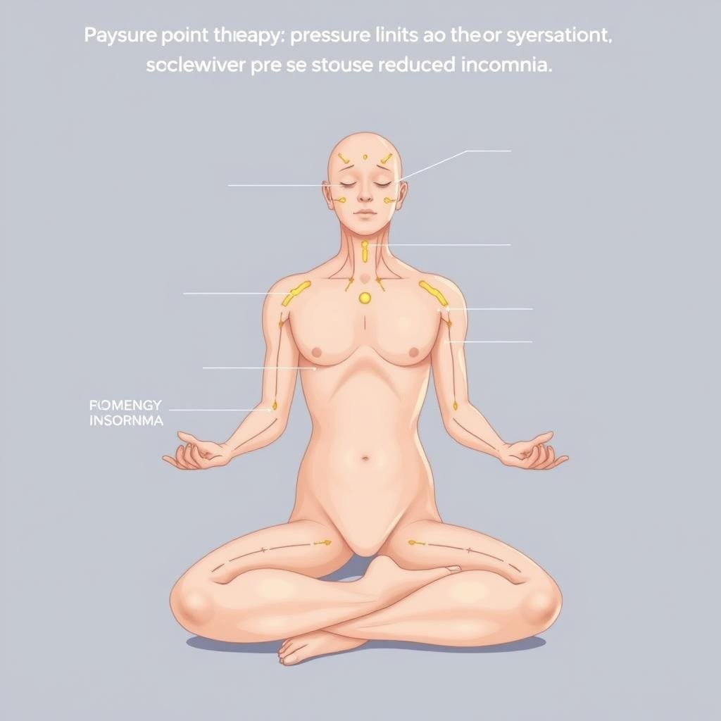 A detailed medical illustration showcasing the key pressure points on the human body that can alleviate stress-induced insomnia. The image depicts a serene, minimalist composition with a neutral color palette and soft lighting, highlighting the contours and acupressure points along the hands, feet, and neck. The figure is depicted in a relaxed, meditative pose, emphasizing the calming and restorative nature of pressure point therapy. The composition is balanced and clean, allowing the focal points to stand out clearly without distractions. The overall mood evokes a sense of tranquility and restoration, conveying the therapeutic benefits of this holistic approach to improving sleep quality.