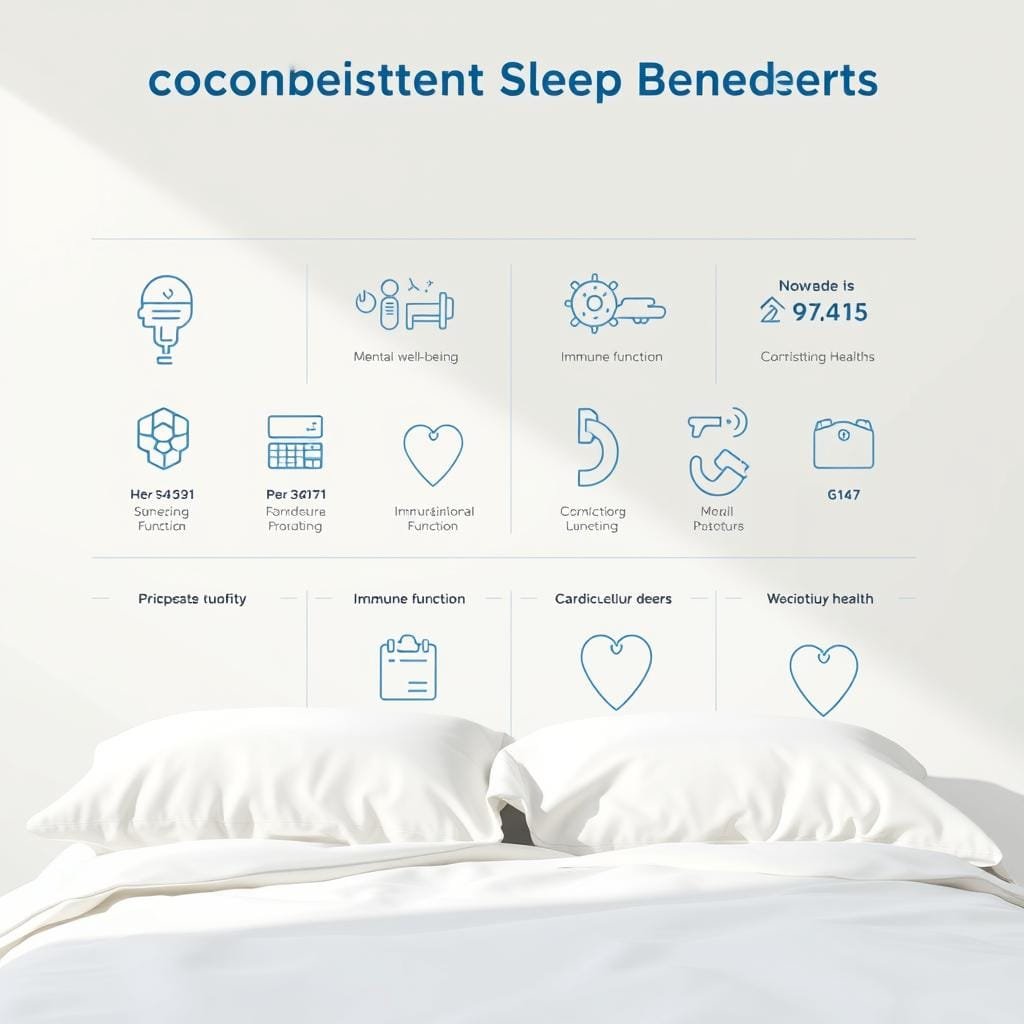 A detailed, modern, data-driven infographic displaying the consistent sleep benefits chart. In the foreground, a series of clean, minimalist icons representing various health metrics such as mental well-being, productivity, immune function, and cardiovascular health. In the middle ground, a set of clear, easy-to-read data visualizations showcasing the improvements to these metrics with a consistent sleep schedule. The background features a soft, neutral color palette with subtle geometric patterns, creating a sense of balance and professionalism. The lighting is bright and natural, with a slight directional shadow for depth. The overall composition is sleek, informative, and visually appealing, designed to clearly convey the importance of a consistent sleep schedule.