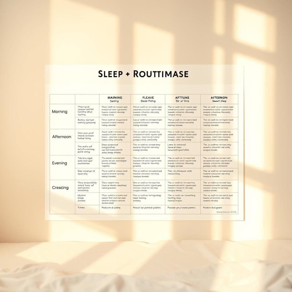 A detailed sleep routine chart against a soft, soothing background. The chart features an organized grid layout with distinct sections for morning, afternoon, and evening activities, each represented by clear icons and concise text descriptions. The chart is rendered in a minimalist, pastel color palette, creating a calming, relaxing atmosphere. Warm, indirect lighting from the top left casts gentle shadows, adding depth and dimension to the chart. The overall impression is one of structure, simplicity, and tranquility - a visual aid to inspire and guide the viewer towards consistent, healthy sleep habits.