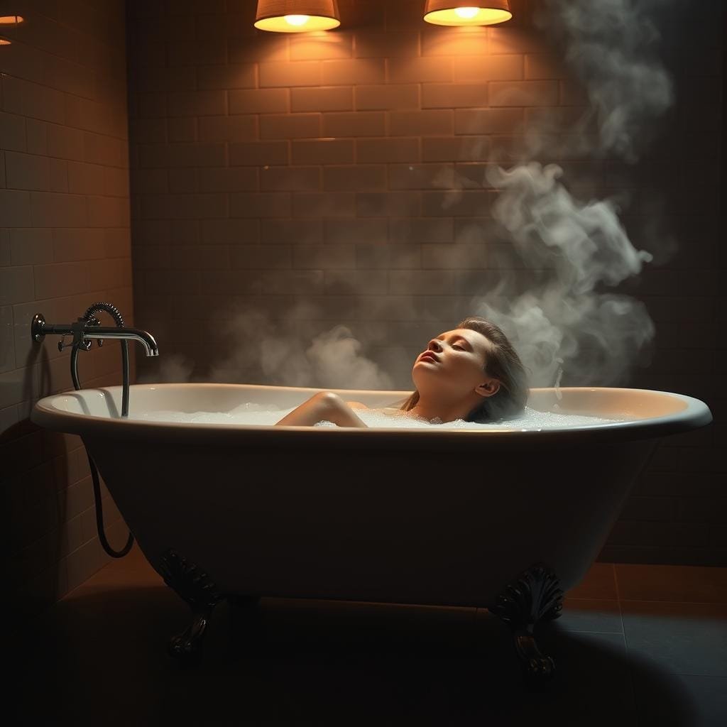 A dimly lit bathroom with a large, modern clawfoot tub filled with steaming water. The tub is set against a tiled wall, reflecting the warm, muted lighting from overhead fixtures. The figure of a person is visible, partially submerged in the water, eyes closed in a state of deep relaxation. Wisps of steam gently rise from the surface, creating a soothing, calming atmosphere. The scene is captured from a slightly elevated angle, emphasizing the tranquility and the restorative effects of the bathing ritual.