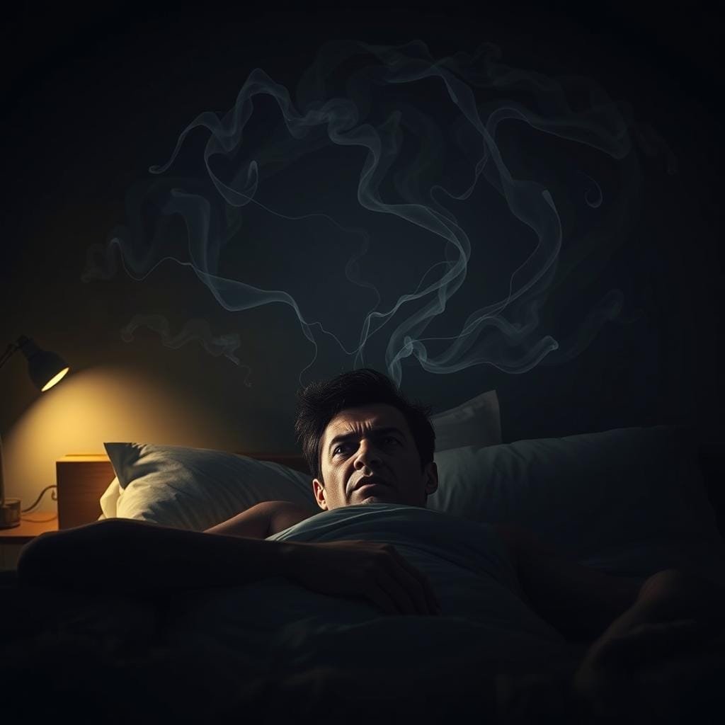 A dimly lit bedroom at night, with a figure tossing and turning in bed, surrounded by a swirling vortex of thoughts and anxiety. In the foreground, the person's face is contorted in distress, eyes wide open, brow furrowed. Wisps of smoke-like tendrils emanate from their head, representing the racing, intrusive thoughts that plague their restless sleep. The middle ground features a shadowy, ethereal landscape, with abstract shapes and patterns that evoke the subconscious mind. The background is subdued, with muted tones and a sense of unease, conveying the oppressive weight of insomnia. Soft, warm lighting casts a subtle glow, creating an intimate, introspective atmosphere. Overall, the image captures the profound psychological turmoil and emotional strain of night-time wakefulness.