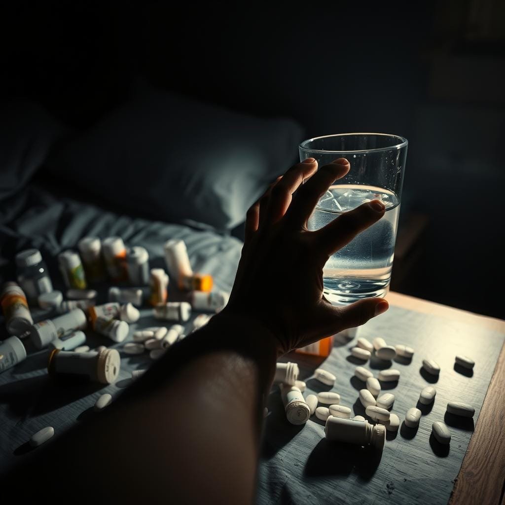 A dimly lit bedroom at night, with a nightstand covered in a scattered array of prescription pill bottles and sleep aids. Soft, warm lighting casts shadows, creating a sense of unease and restlessness. In the foreground, a person's hand reaches for a glass of water, struggling to find relief from the insomnia that plagues them. The background is hazy, with a sense of isolation and the weight of the condition bearing down. The scene conveys the frustration and disruption that medications can cause for those seeking a good night's sleep.