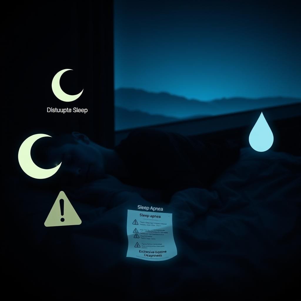 A dimly lit bedroom at night, with a person sleeping restlessly on a bed. In the foreground, a series of warning icons float around the sleeping figure, depicting common signs of sleep apnea: a crescent moon for disrupted sleep, a snoring icon, and a droplet icon for excessive daytime drowsiness. The middle ground features a softly glowing medical chart with sleep apnea-related information. The background is a hazy, dreamlike landscape, conveying the sense of an unrestful night's sleep. The lighting is moody and atmospheric, creating a sense of unease and the need for intervention. The overall scene evokes the challenges and consequences of undiagnosed sleep apnea.