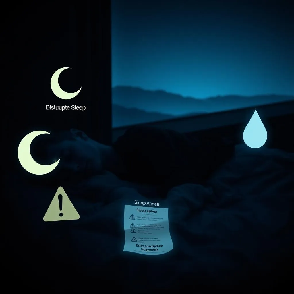 A dimly lit bedroom at night, with a person sleeping restlessly on a bed. In the foreground, a series of warning icons float around the sleeping figure, depicting common signs of sleep apnea: a crescent moon for disrupted sleep, a snoring icon, and a droplet icon for excessive daytime drowsiness. The middle ground features a softly glowing medical chart with sleep apnea-related information. The background is a hazy, dreamlike landscape, conveying the sense of an unrestful night's sleep. The lighting is moody and atmospheric, creating a sense of unease and the need for intervention. The overall scene evokes the challenges and consequences of undiagnosed sleep apnea. A dimly lit bedroom at night, with a person sleeping restlessly on a bed. In the foreground, a series of warning icons float around the sleeping figure, depicting common signs of sleep apnea: a crescent moon for disrupted sleep, a snoring icon, and a droplet icon for excessive daytime drowsiness. The middle ground features a softly glowing medical chart with sleep apnea-related information. The background is a hazy, dreamlike landscape, conveying the sense of an unrestful night's sleep. The lighting is moody and atmospheric, creating a sense of unease and the need for intervention. The overall scene evokes the challenges and consequences of undiagnosed sleep apnea.