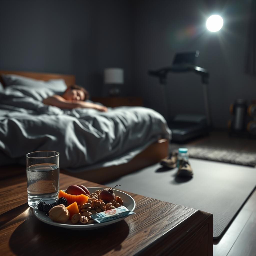 A dimly lit bedroom at night, with the moonlight casting soft shadows on the sleeping figure. In the foreground, a bedside table holds a glass of water and a plate of healthy snacks - fresh fruits, nuts, and a protein bar. In the middle ground, an exercise mat is rolled out, with a pair of running shoes and a water bottle nearby. The background is slightly blurred, revealing a treadmill and a set of free weights, suggesting the impact of diet and exercise on the sleeper's routine. The overall atmosphere is one of tranquility and balance, hinting at the restorative power of a well-managed sleep schedule.