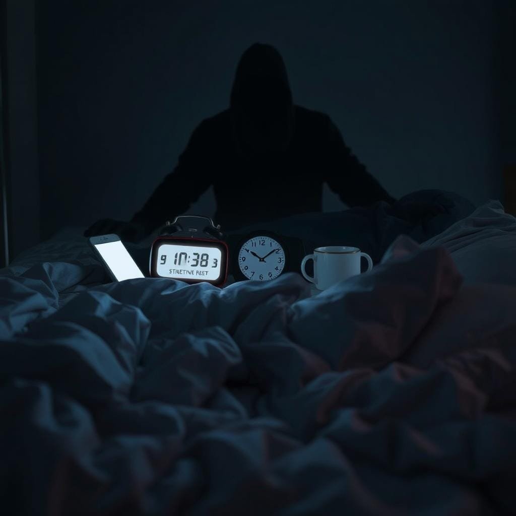 A dimly lit bedroom scene, with a tangle of sheets and pillows in the foreground, suggesting a restless night's sleep. In the middle ground, various sleep disruptors are depicted: a glowing smartphone, a bright digital clock, and a cup of strong coffee, all contributing to the disruption of healthy sleep patterns. In the background, a shadowy figure representing stress and anxiety looms, casting an ominous presence over the scene. The lighting is soft and moody, creating an atmosphere of unease and disruption. The overall composition conveys the common challenges that can interfere with quality rest, setting the stage for the article's discussion of managing these sleep disruptors.
