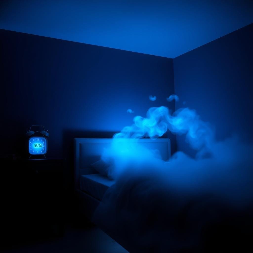 A dimly lit bedroom with a nightstand displaying a glowing blue digital alarm clock, casting a soft, ethereal light across the room. The walls have a subtle gradient, transitioning from midnight blue at the ceiling to a lighter azure shade near the floor. Wispy, cloud-like formations of blue light drift and swirl, creating a sense of tranquility and mystique. The bed is shrouded in a gentle haze, emphasizing the relaxing atmosphere. The scene conveys the unsettling yet captivating effect of blue light on the body's natural sleep cycle.