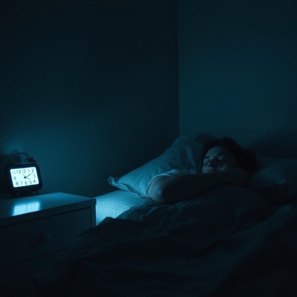A dimly lit bedroom with a single bed, where a person lies awake, grappling with insomnia. The bedside table holds a digital clock, casting a soft glow onto the subject's face, conveying a sense of restlessness and the passage of time. Muted colors, soft shadows, and a sense of quiet contemplation pervade the scene, hinting at the challenges of sleep restriction therapy for overcoming this sleep disorder. The overall atmosphere evokes the introspective and therapeutic nature of the intervention, capturing the essence of the section title.