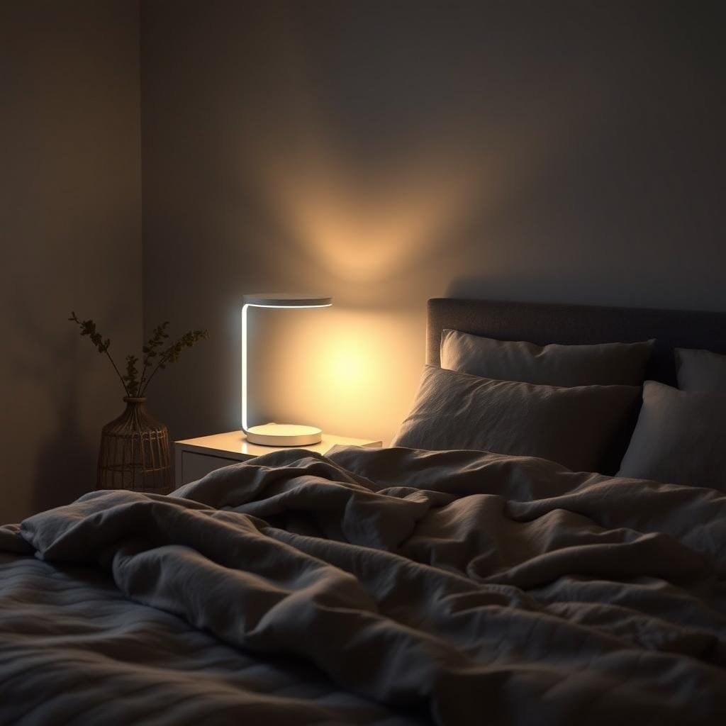 A dimly lit bedroom with a soft, warm glow emanating from a sleek, modern light therapy lamp on a bedside table. The lamp's adjustable brightness and color temperature mimic natural sunrise and sunset, gently guiding the viewer through the body's natural circadian rhythms. In the foreground, a carefully curated selection of cozy, seasonal bedding in earthy tones invites the viewer to sink into a restful slumber. A sense of tranquility and relaxation pervades the scene, suggesting the restorative power of light therapy in overcoming the challenges of early rising.