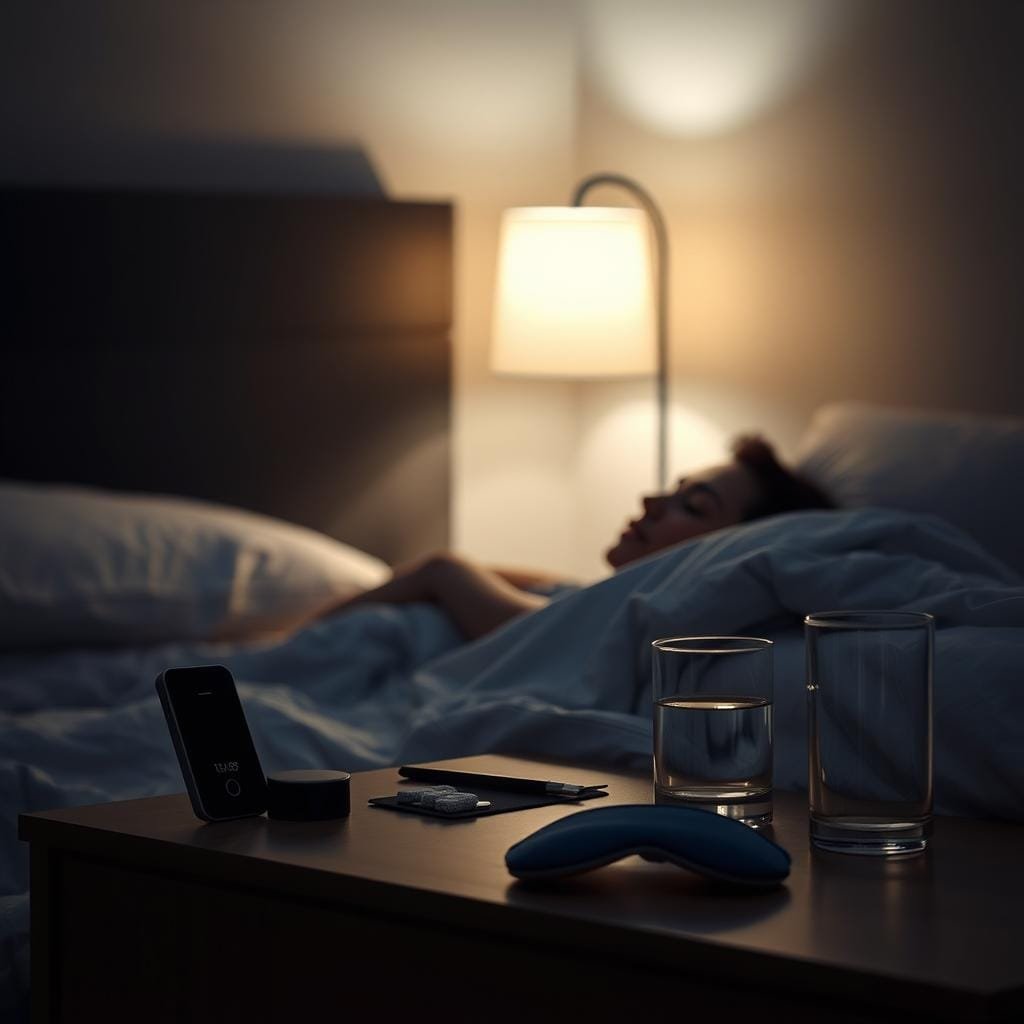 A dimly lit bedroom, with soft, diffused lighting from a bedside lamp casting a warm glow. In the foreground, a person is lying in bed, eyes closed, appearing deeply relaxed and at peace. Meticulously arranged on the nightstand are a variety of sleep-related items, such as a sleep tracker device, a glass of water, and a sleep mask. The background features subtle, calming patterns on the bedding and walls, creating a sense of tranquility. The overall scene conveys a mood of optimized sleep hygiene, perfectly suited for managing the challenges of hypersomnia.