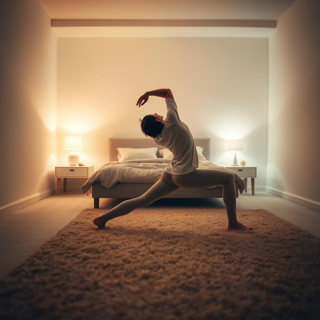 A dimly lit bedroom with soft, warm lighting casting a gentle glow. In the foreground, a person performing a series of gentle, flowing stretches on a plush, beige carpet, their movements carefully aligned to improve sleep posture. Subtle textures of the person's clothing and the fabrics in the room create a sense of cozy comfort. The middle ground features a minimalist, modern bed frame and nightstand, hinting at the sleep-centric focus of the scene. The background is blurred, suggesting a tranquil, serene atmosphere conducive to relaxation and rest.