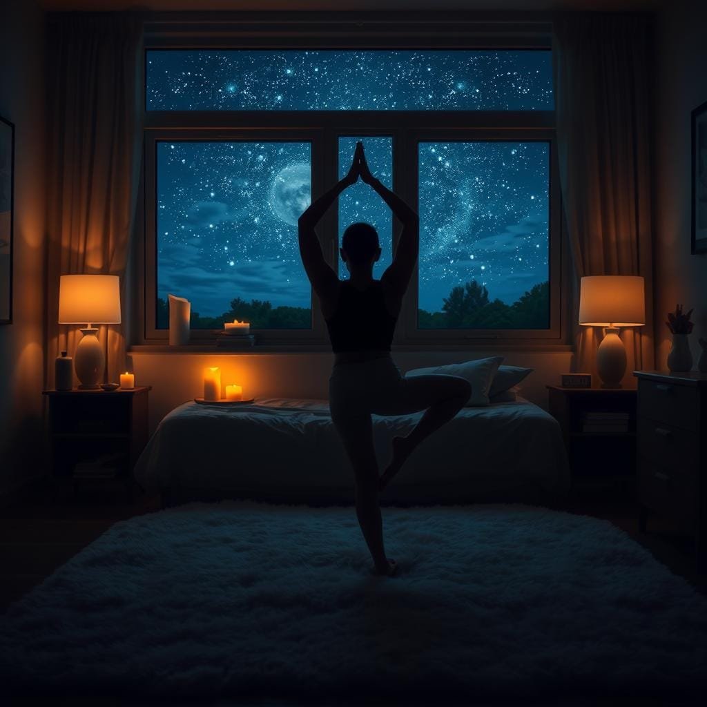 A dimly lit, cozy bedroom scene. In the foreground, a person practices soothing yoga poses on a plush rug, their movements graceful and intentional. Mid-ground, calming items like candles, crystals, and a diffuser create a serene atmosphere. The background features a large window overlooking a peaceful night sky, gently illuminating the room. The lighting is soft and warm, casting a comforting glow. The overall mood is one of tranquility and relaxation, designed to alleviate the disorientation of sleep paralysis.