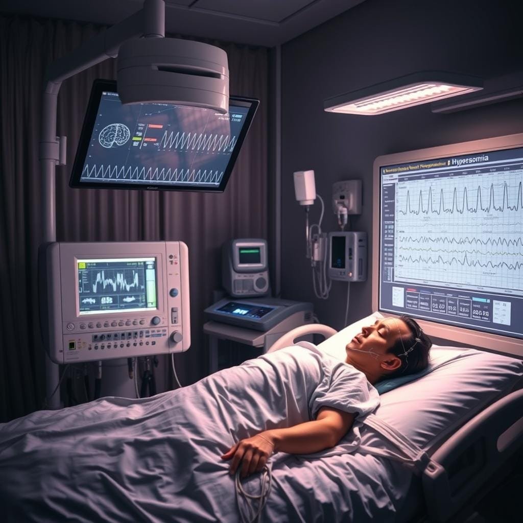 A dimly lit hospital room, the patient reclining comfortably on a bed, surrounded by a array of medical equipment. Electrodes attached to the scalp, face, and limbs, monitoring brain waves, eye movements, and muscle activity during sleep. A large, high-resolution display shows a detailed polysomnography report, revealing patterns indicative of hypersomnia. Soft, indirect lighting creates a serene, clinical atmosphere, while the medical staff observes attentively, analyzing the data to pinpoint the underlying causes of the patient's excessive daytime sleepiness.